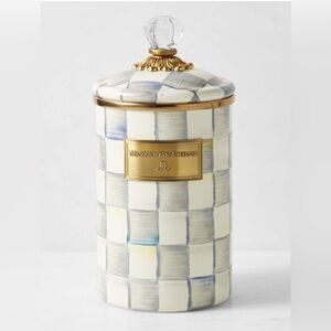 MACKENZIE-CHILDS “STERLING CHECK” GOLD TRIMMED CANISTER W/LID *NWT $109.00
